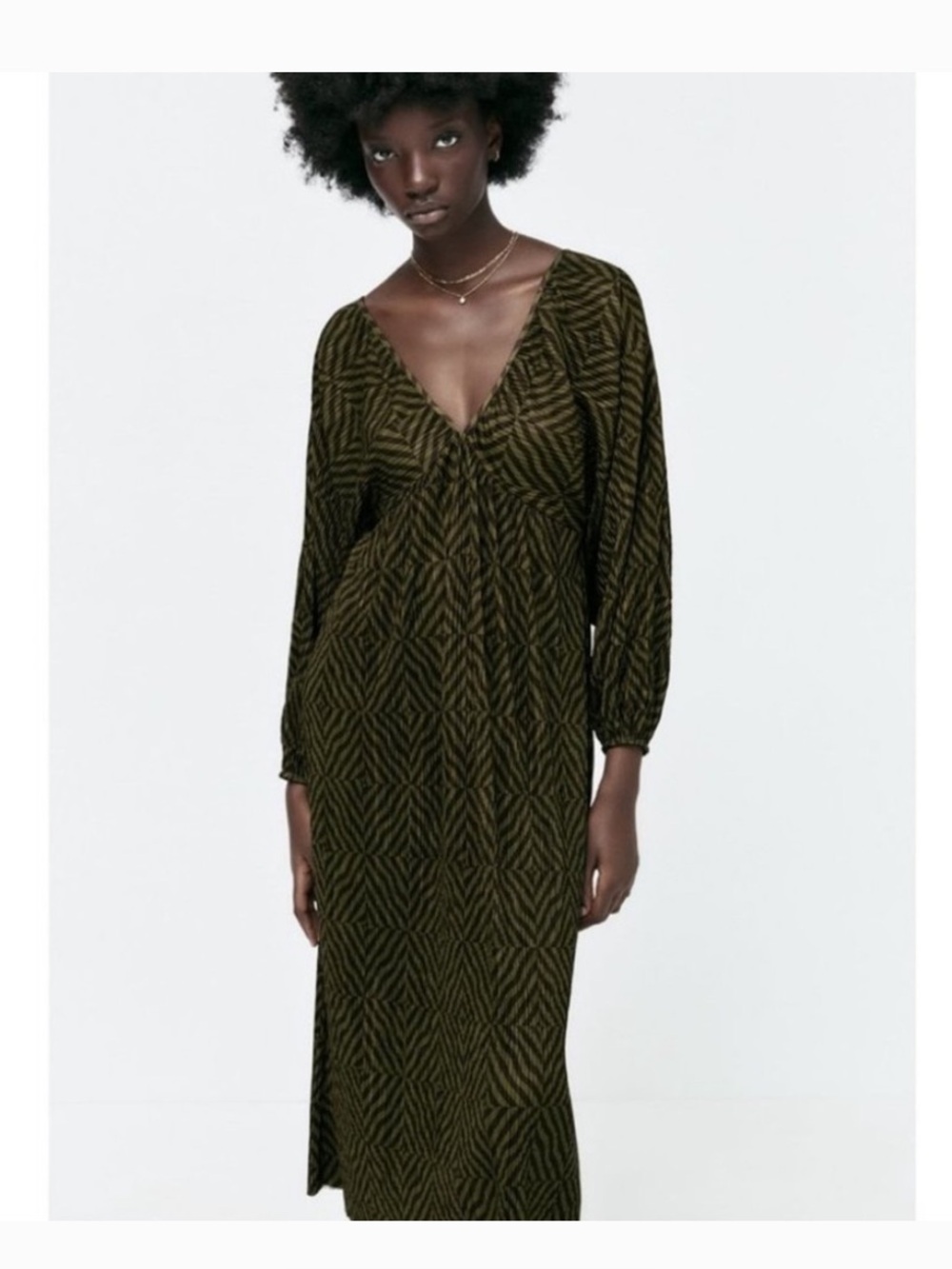 Zara Dark Olive Patterned V-Neck Maxi Dress